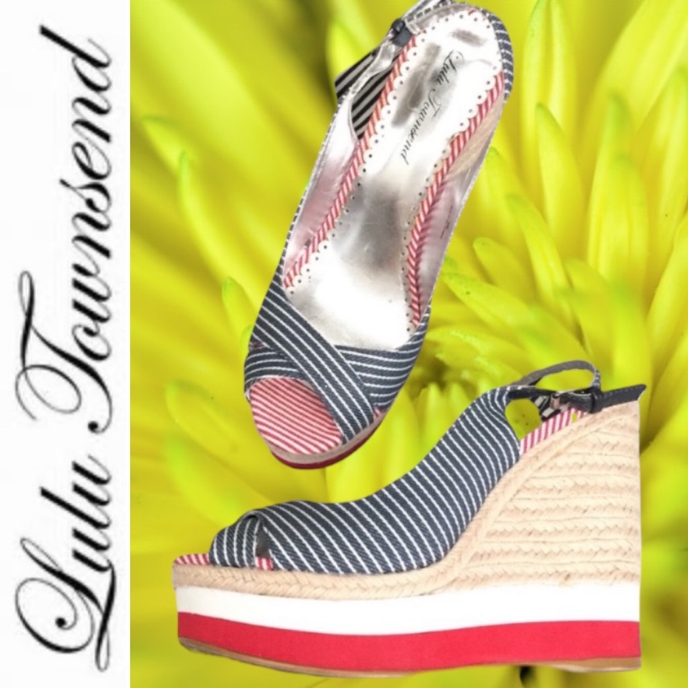 Lulu Townsend “Valora” red/white/blue stripe open toe wedge platform- 9M